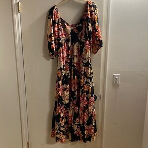 EUC Anthropologie Black, Pink, Red Floral Maxi Dress, Sz M